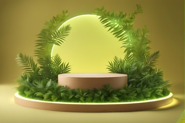 Publicidade em 3d realista, exposição de pódio de madeira em um fundo gradiente amarelo e verde