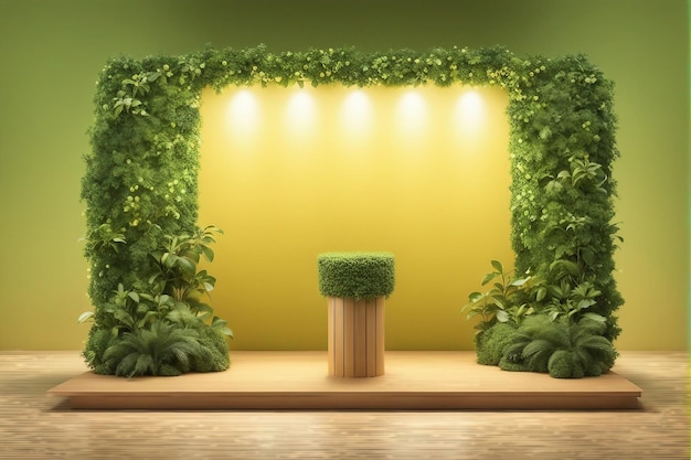 Publicidade em 3d realista, exposição de pódio de madeira em um fundo gradiente amarelo e verde