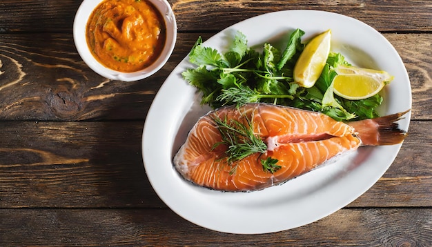 Foto publicidade fotografia de alimentos fatia de peixe grande e vagetable