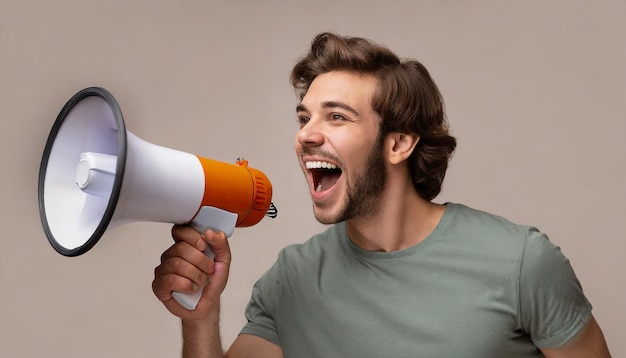 Publicidade Homem gritando anúncio em retrato de megafone