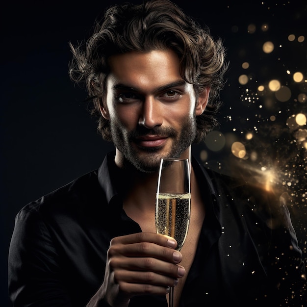 Foto publicidade para a beleza um homem casual forte para o convite ultra-realista comemorar com vinho espumante fundo preto sem escrever v 52 id de trabalho aafc66aff1464e8d93487d90362547c2