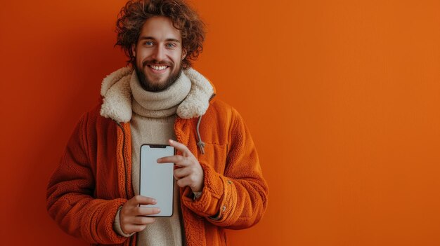 Foto publicidade para aplicativos móveis um homem feliz está apontando para uma enorme tela branca vazia em fundo laranja e inclinando-se para a frente