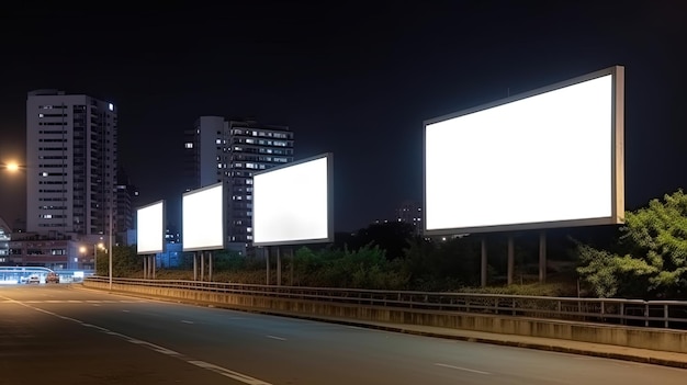 Publicidade simula outdoor em branco durante a noite com luz de rua com espaço de cópia para placa de informação pública outdoor em branco para cartaz de publicidade ao ar livre