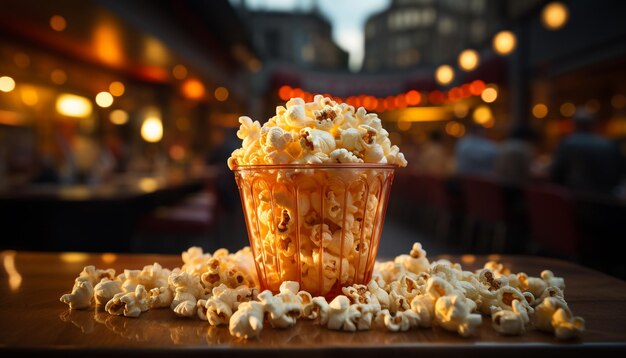 Público assistindo a um filme comendo refrescos gourmet em um cinema gerado por IA