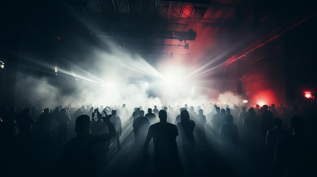 Público com as mãos levantadas em um festival de música e luzes descendo de cima do palco Movimento de foco suave e borrado