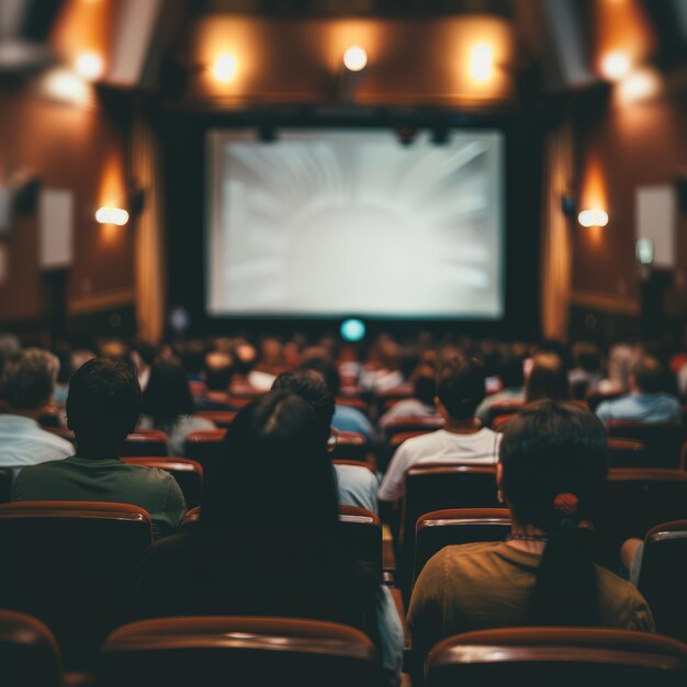 Público em um cinema assistindo a uma tela brilhante capturada por trás A sala é escura e os assentos são vermelhos