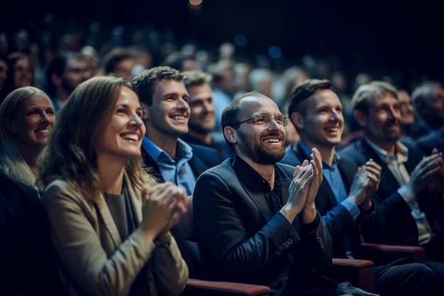 Público feliz aplaudindo em seminário de negócios grupo ouvindo e aplaudindo desempenho em conferência