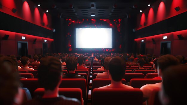 Foto un público ve una película en un cine las luces son débiles y la pantalla es brillante