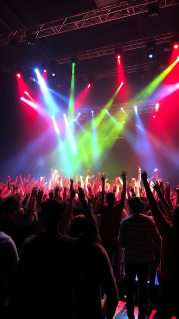 El público viendo un concierto de música en vivo con luces de escenario coloridas