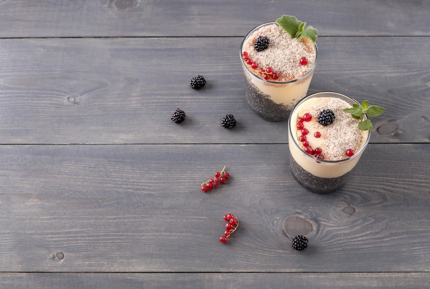 Pudding aus Chiasamen Joghurt mit roten Johannisbeeren und Brombeeren und Flohsamen