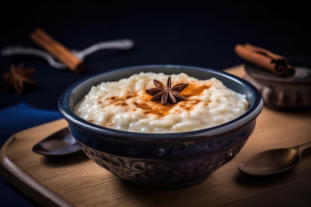 Pudding de arroz Deliciosa sobremesa de arroz Creamy Porridge Sobremesa com canela Pudding doce de arroz
