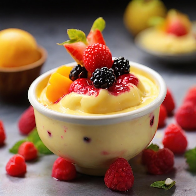 Foto pudding de frutas generativo ai