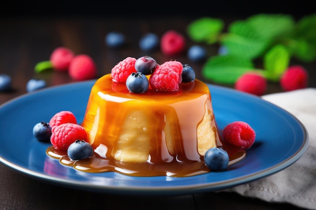Pudding delicioso com caramelo e bagas em mesa de madeira azul