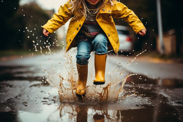 Foto puddle jumping capture a alegria de crianças ou adultos pulando em poças depois da chuva ai imagem