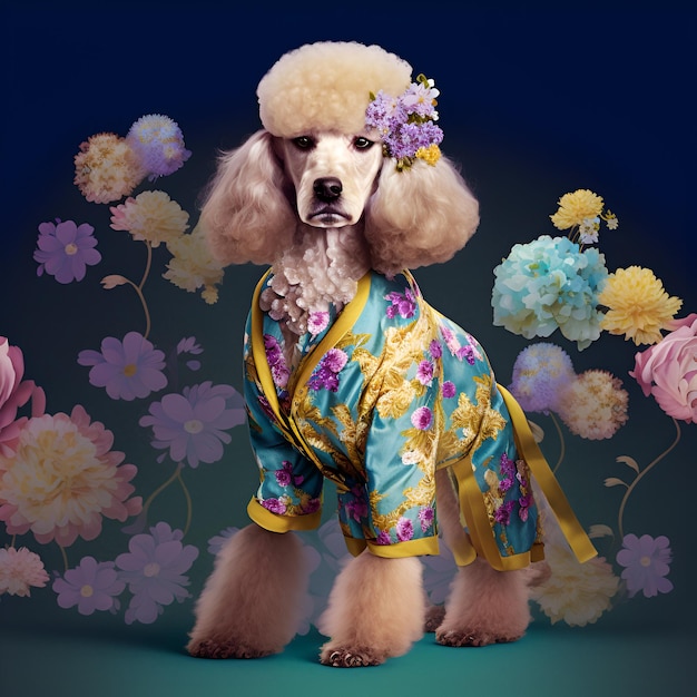 Pudel-Hund-Hündchen in blumigem Kitsch-Blumen-Vintage-Outfit