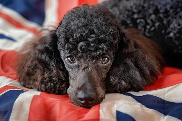 Pudel-Hund liegt auf der britischen Flagge