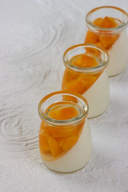 Pudim buah Pudim de frutas em um copo com sabor doce e refrescante
