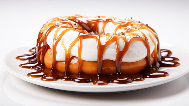 Foto pudim com calda de chocolate com respingos de líquido em fundo branco