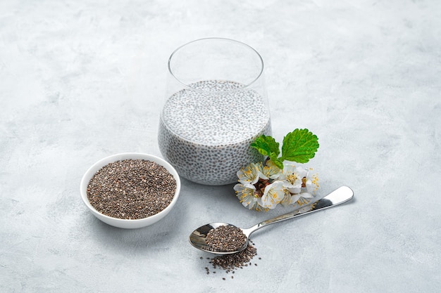 Pudim com leite de coco e sementes de chia em um copo, sementes com uma xícara e uma colher em uma parede cinza. Vista lateral, horizontal. Sobremesas saudáveis.