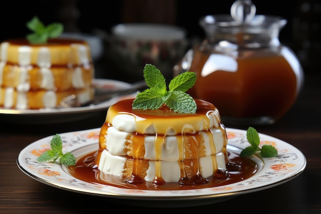 Pudim de caramelo delicadamente adornado com IA geradora de luz suave