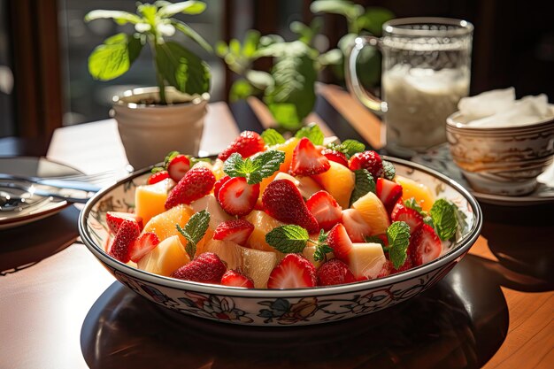 Pudim de frutas frescas em IA vibrante e generativa de brunch de verão