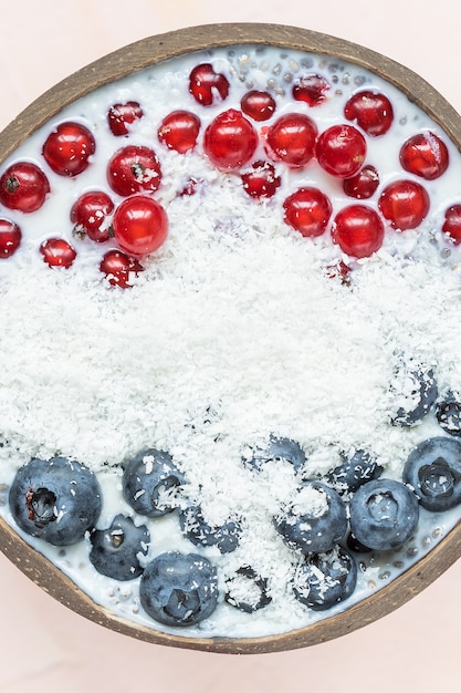 Pudim de sementes de Chia com mirtilos, bagas de groselha e flocos de coco em uma tigela