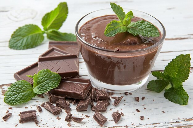 Pudín de cacao de chocolate en un fondo de madera blanca de cerca