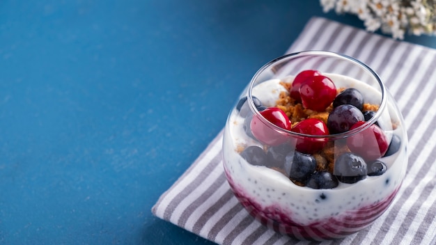 Pudín de chía con frutos rojos. Copia espacio