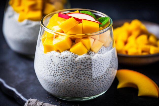 Pudín de chia de leche de coco cubierto de rebanadas de mango