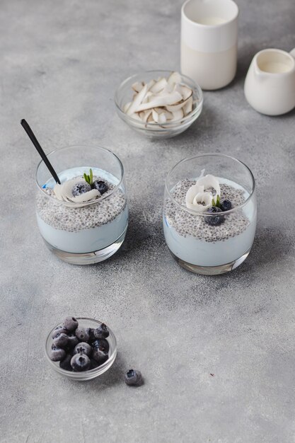 Pudín de chía con leche de coco, frambuesa, romero, chips de coco y espirulina azul