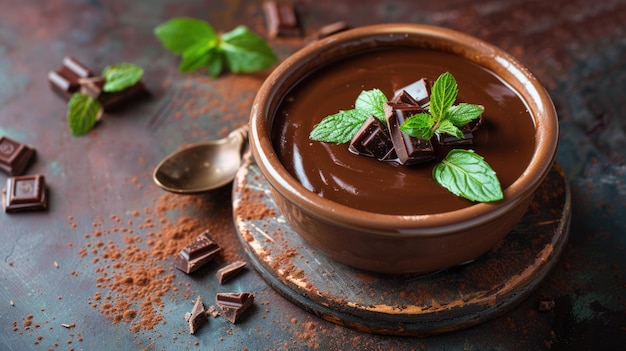 Foto pudín de chocolate con hojas de menta en un tazón de cerámica marrón con pedazos de chocolate en el lado