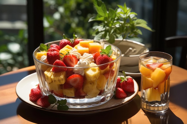 Pudín de frutas frescas en un vibrante brunch de verano generativo IA