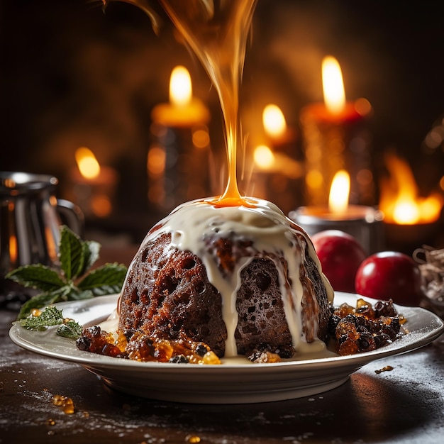 Pudín navideño con salsa de brandy llameante