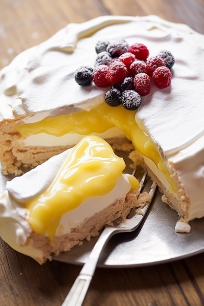 Pudín de pastel de merengue con salsa de cuajada de limón y bayas como panadería de alimentos y receta de horneado festivo ai generativo