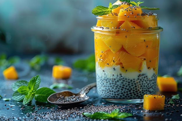 Un pudín de semillas de chía en capas con mango fresco y leche de coco