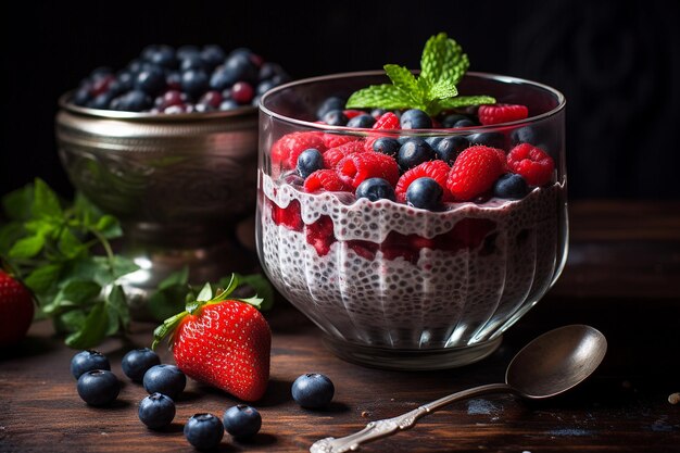 Pudín de semillas de chia con leche de almendra y fruta fresca