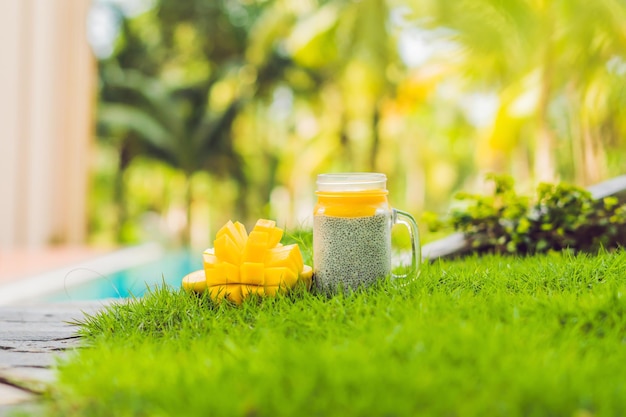 Pudín de semillas de chía con leche de almendras y cobertura de mango fresco en el fondo de la piscina