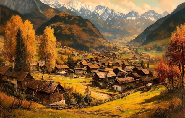 Un pueblo en los alpes en otoño