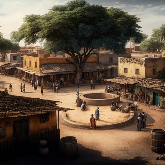 Un pueblo con un árbol en el medio.