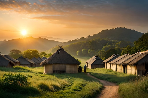 Un pueblo con un atardecer de fondo