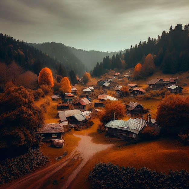 Un pueblo en el bosque con algunas casas en el estilo de pintura al óleo de la temporada de otoño.