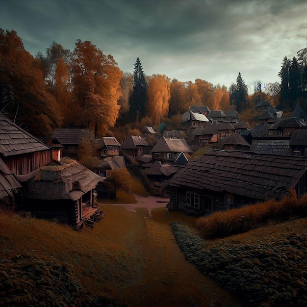 Un pueblo en el bosque con algunas casas en el estilo de pintura al óleo de la temporada de otoño.