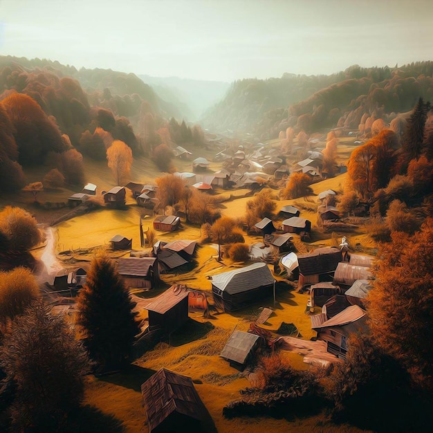 Un pueblo en el bosque con algunas casas en el estilo de pintura al óleo de la temporada de otoño.