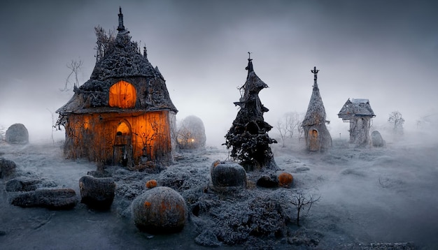 Pueblo de brujas con calabazas en la niebla. Ilustración realista del festival de halloween.