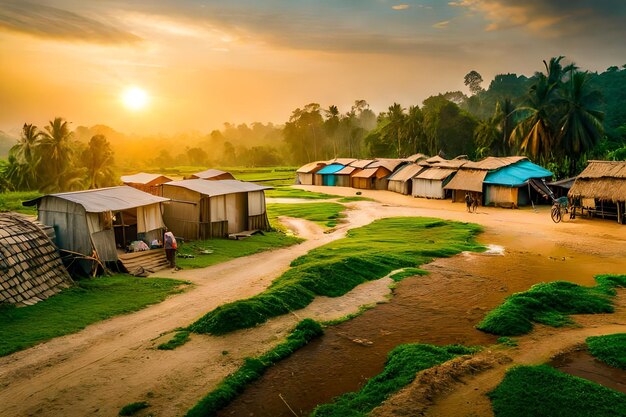 un pueblo con cabañas y una puesta de sol