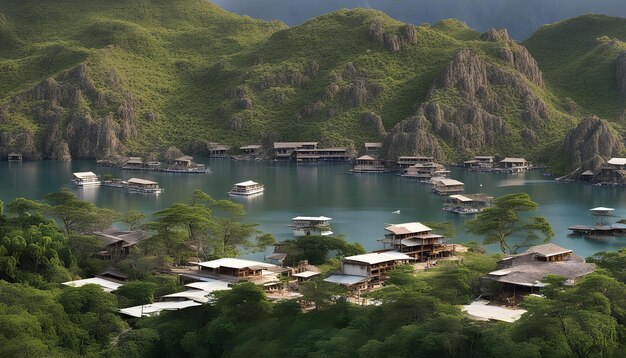 un pueblo con casas en el agua y montañas en el fondo