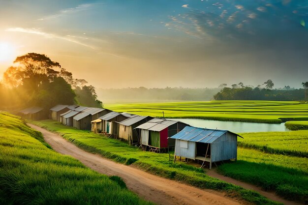 un pueblo con casas en los campos de arroz