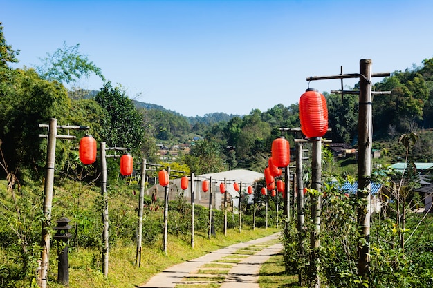 Pueblo chino del paisaje hermoso entre el campo del té, Mae Hong Son en Tailandia