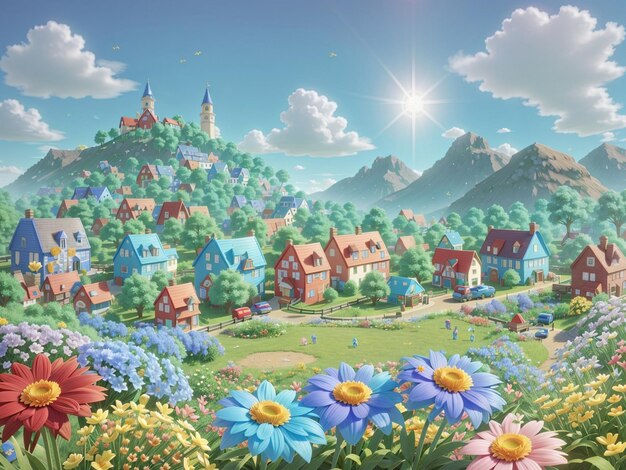 un pueblo en la ciudad del juego con el fondo colorido