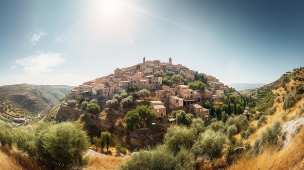 Foto un pueblo en una colina con el sol brillando sobre él.